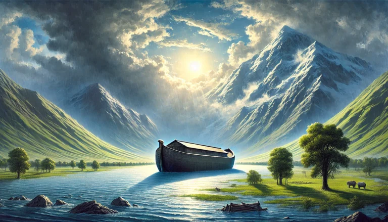 Illustration de l'arche de Noé reposant sur les montagnes d'Ararat après le retrait des eaux du Déluge, avec un paysage calme et verdoyant, symbolisant la paix et le renouveau décrit dans Genèse 8.